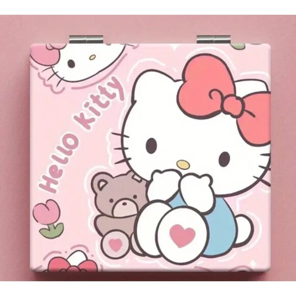 Hello Kitty Pink Teddy Bear Mini Makeup Mirror Compact Folding Design Dual Sided - Picture 1 of 2
